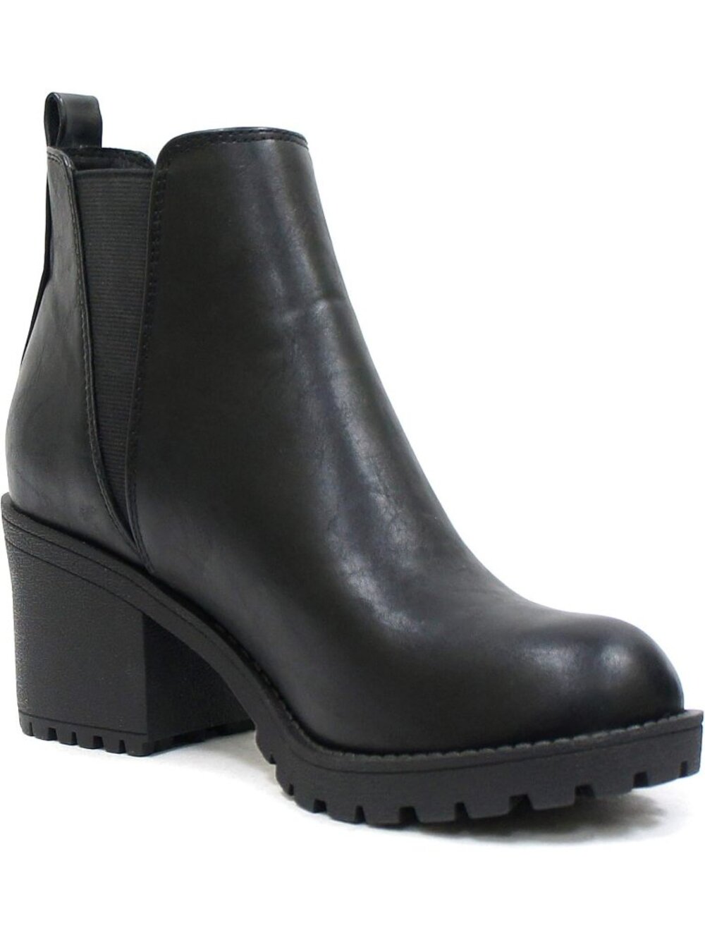 Women's Black Leather Origami Lug Sole Mid Heel Ankle Bootie Double Elastic Boot - Picture 4 of 5
